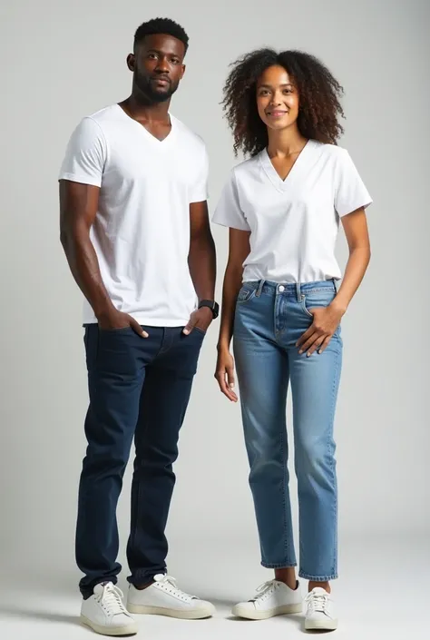 CREATE TWO PEOPLE, MALE AND FEMALE, the man with a white V-neck T-shirt, The woman with scrubs, only the top part in white AND WITH jeans of a different color, Full body image