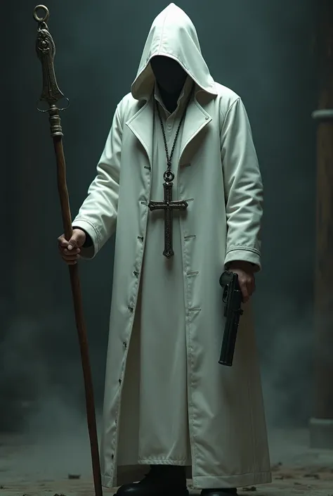 Make a man in a white overcoat with a long stick and a pistol,and with a cross on the cord