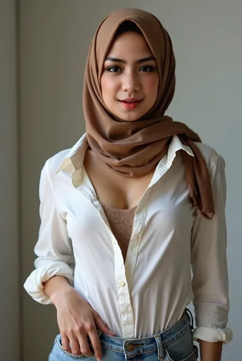 busty hijab lifting shirt, showing boobs