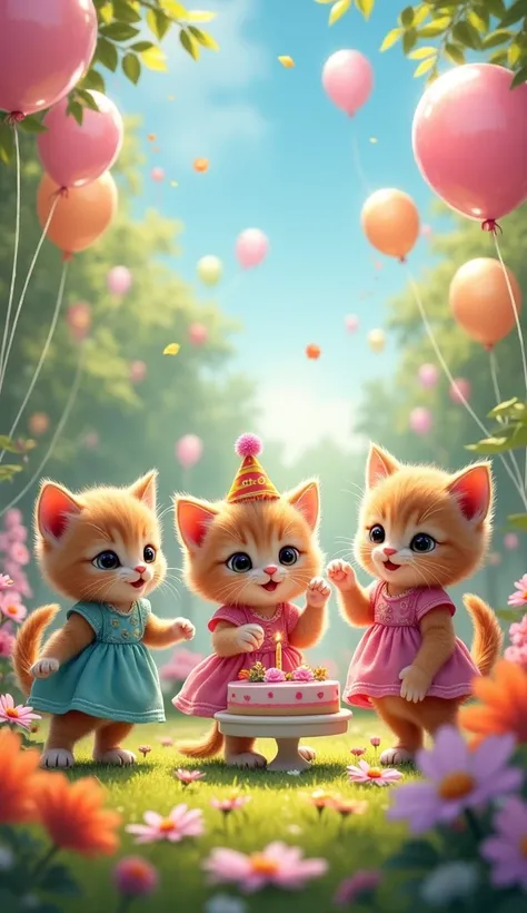 The Birthday Surprise": A group of playful kittens in colorful party dresses and tiny shoes, surprising their friend with a birthday cake in the middle of a beautiful garden full of flowers and balloons.
