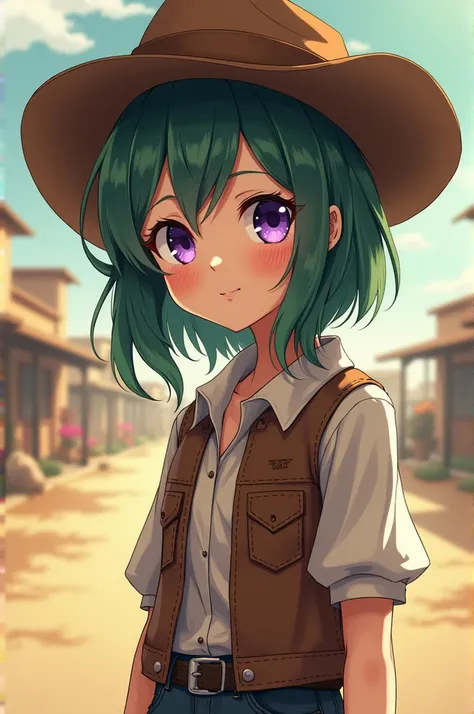 a petite, flat-chested girl who is skinny and short and has freckles on her face. He has dark green hair and purple eyes. (dark blue eyes in anime) wearing cowboy clothes