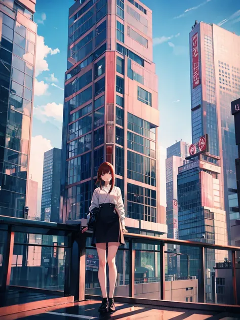 One lady, standing on the roof top in shibuya,
