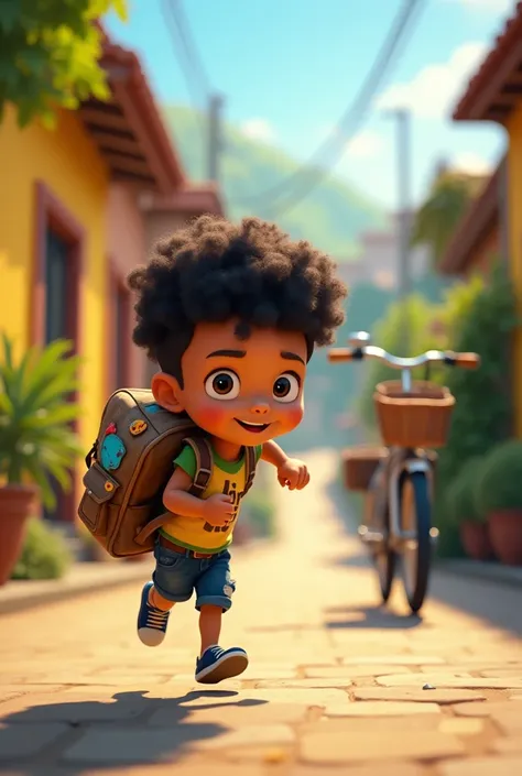 I want you to generate an image of a boy named Pablito grabbing his backpack and running towards a bicycle and starting his journey.
