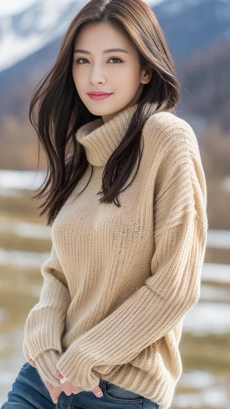 Best quality, masterpiece, 8k, Realistic, Realistic 조명, clear focus, ((1 woman)), perfect look, slim body, big breasts, View audience, dark brown hair, very detailed face, detailed eyes, ((Snowy winter Alps background)), ((Light beige sweater)), ((jeans, b...