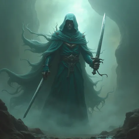 Surreal horror fantasy charackter assassin, float with sword in, two hand Hold the sword straight. super power.