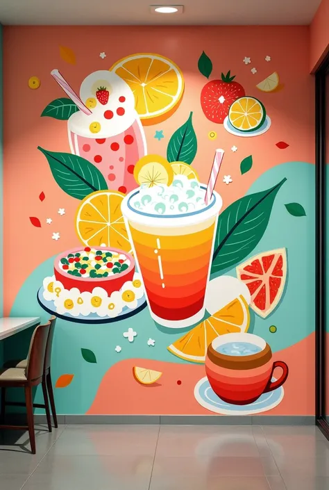 Can you draw me a wall art design including Smoothie
Fruit salad 
fresh Juice 
Mojito
Dairy  products 
Coffe tea
For a shop wall. I want that to look modern and beautiful. It must me all over the wall