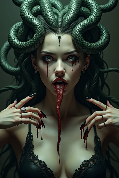 Beautiful female medusa design with her tongue out dripping blood from her claws 