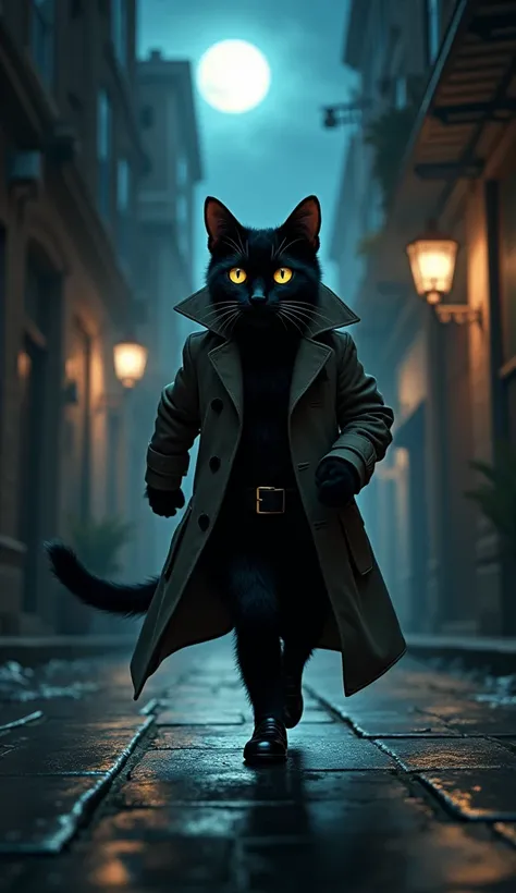 The Secret Detective": A clever black cat dressed in a trench coat and shiny leather shoes, sneaking through dark alleyways under the moonlight to solve a mysterious case in the city