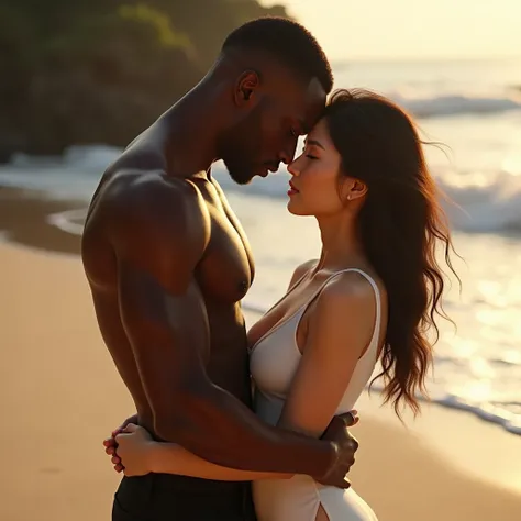 African man holding beautiful Korean woman&#39;s breasts and vagina on the beach