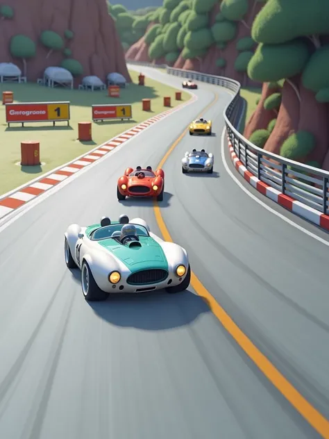 set the model on a racing track. Cartoon-style cars are visible in the distance