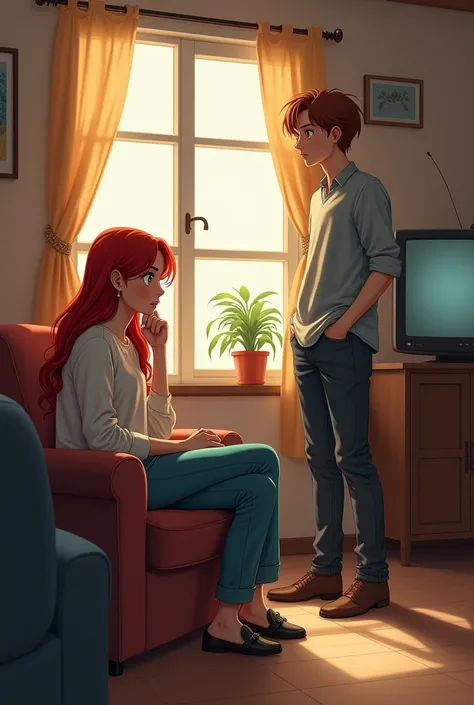 a beautiful red-haired woman in casual clothes sitting on a sofa thinking about life and a brown-haired man standing near a window talking something on a sunny day in a modest house. with a TV on