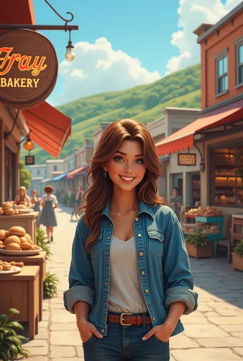 Successful Bakery Flourishing:Prompt: The young woman, with the same face as in the provided image, stands outside her newly rebuilt bakery. The town around her is flourishing once again, with restored homes, green hills in the background, and people happi...