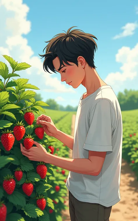 young handsome  18 year from สเก็ตช์ 1,Pick up red strawberries. , strawberry, sit, Next to the strawberry plant, bright day, Endless, PNG, transparent, side, Pose