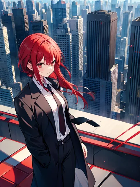 One lady, standing on the roof top in shibuya, black suit, red necktie, red hair, 

