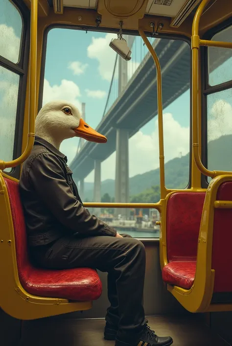 person riding on the transmilenio, with the head of a duck and who is about to collide with a bridge