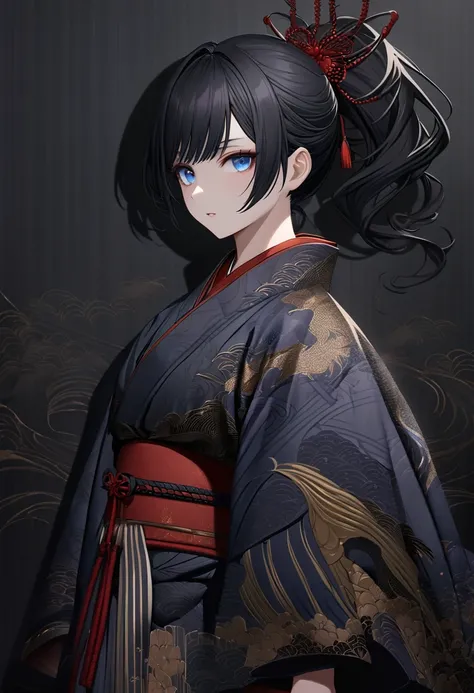 Japan, Dark Background, Enveloped in a black mist, samurai, blue eyes, Oblique Mouth, Cowboy Shot,((Very detailed,Best Quality, High resolution, 8K wallpaper, Beautiful new clothes,)),((Black Hair, ponytail,My hair is messy)), Eyeshadow