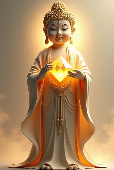 A standing, human-like Buddha in a modern, stylized interpretation. The Buddhas face features high cheekbones, almond-shaped eyes, and a calm expression with a subtle, serene smile. Its skin is slightly textured, giving a lifelike appearance. The figure em...