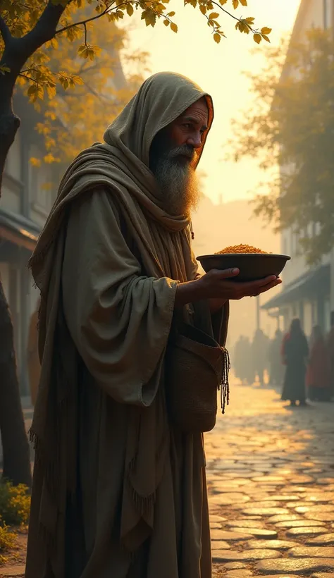 A beggar is going to beg with a bowl, in the background it is morning