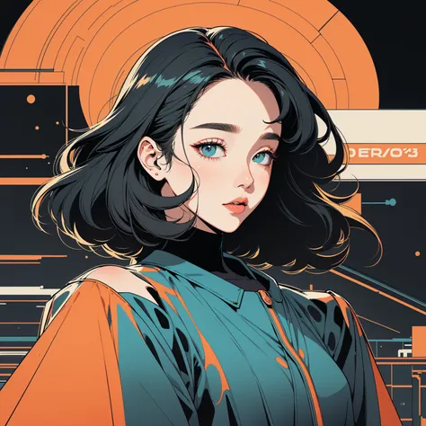 Short Hair, Bob Hair、Beautiful woman, Small face、White skin、OL pose、Neon city at night (Flat Color, Flat texture, Line art:1.4), graphic design, (Dark Ink, Ink Black)