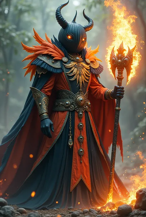 a Man a Halloween warrior with a black pumpkin head using a giant flaming Overwhelming Axe, astral wizard clothes, mage robe based on a toucan, fancy dress, lunar themed costume, fantasy style 8k octane render, ornate cosplay, celebration costume, black wi...