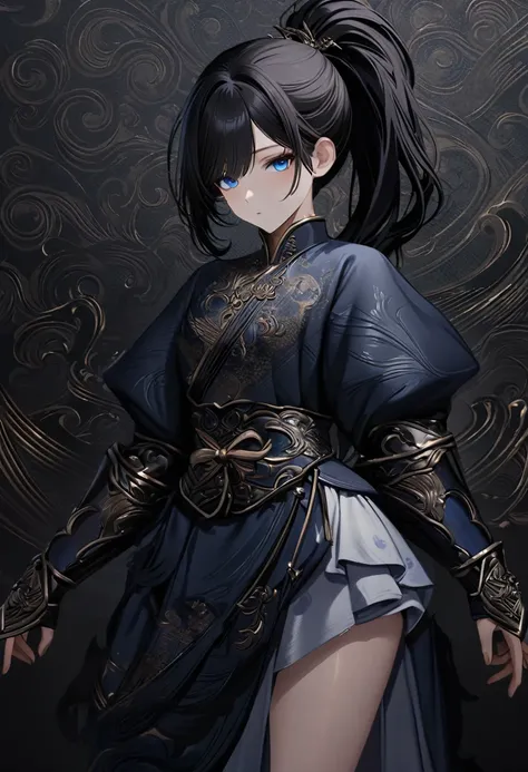 Japan, Dark Background, Enveloped in a black mist, warrior, blue eyes, Oblique Mouth, Cowboy Shot,((Very detailed,Best Quality, High resolution, 8K wallpaper, Beautiful new clothes,)),((Black Hair, ponytail,My hair is messy)), Eyeshadow