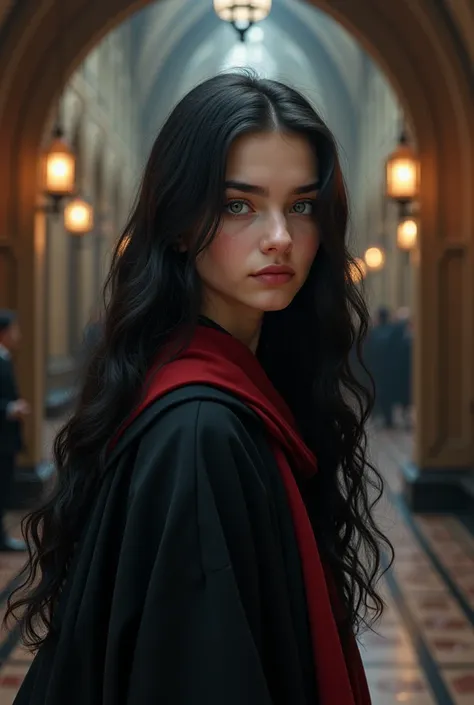 She is a student at Hogwarts, a Spanish girl with fair skin, long wavy black hair, protruding eyes and grey color, and natural red lips.