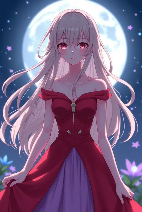 Anime beautiful girl with long hair in formal  red 
 Cover  body neck frock in pastel purple under moonlight with Aesthetic and elegance style no boobs showing with smiling face