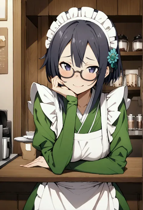 NSFW,masterpiece,Best Quality,High resolution,Very detailed,One girl,Chinon(Sword Art Online),kimono、kimono、White apron、緑のkimono、Hair accessories、Long sleeve、Maid、和Maid、Sleeve length up to the wrist、Ruffled Apron、Green Sleeves,Glasses,Tray,Bad Smile,Lustfu...