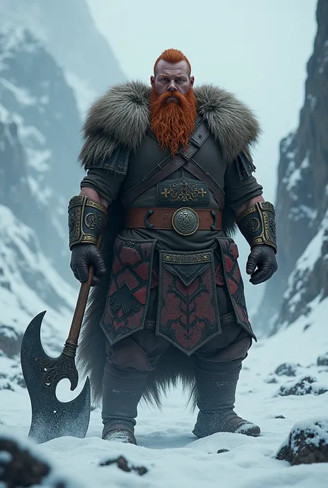 A Viking man with a big weapon in a snowy setting