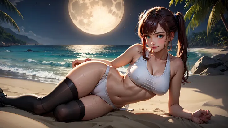 realistic, 1girl, red hair with pigtails, beautifull green eyes, glowing eyes, see through short tank top, bikini bottom, thigh high socks with shoes, big smile, blush, shy,  night, beach, moonlight, camel toe, wet, beautiful girl, sexy