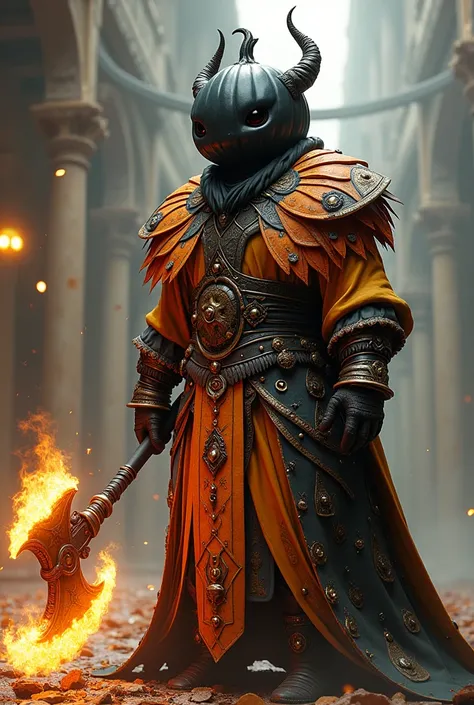 a Man a Halloween warrior with a black pumpkin head using a giant flaming Overwhelming Axe, astral wizard clothes, mage robe based on a toucan, fancy dress, lunar themed costume, fantasy style 8k octane render, ornate cosplay, celebration costume, black wi...