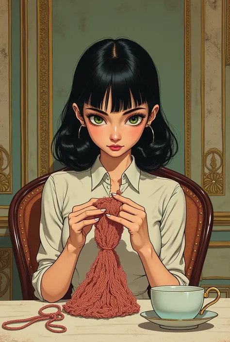 Manga style portrait. Very thin and small young woman. dark hair. green eyes. Sixties clothing. Knitting a hat. In a baroque house with a table and tea served