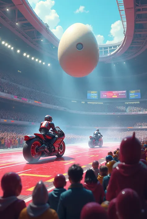 A stadium full of animated alien spectators. The announcer, a robot called Digi-Bio, announces the beginning of a space race. There are two large vehicles on the starting line: Sperm, A super-fast sperm on a futuristic motorcycle, y These, A giant egg in a...