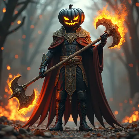 a man a halloween warrior with a black pumpkin head using a giant flaming overwhelming axe, astral wizard clothes, mage robe based on a toucan, fancy dress, moon themed costume, fantasy style 8k octane render, ornate cosplay, celebration costume, black wit...