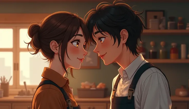 Natalia with her hair up and brown became Alex&#39;s partner, who has wavy hair., not only in the workshop, but also in life, giving him the emotional support he needed when things got tough.