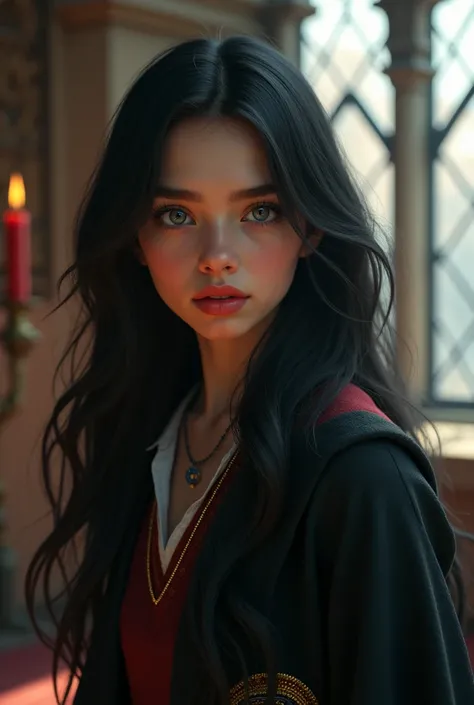 She is a student at Hogwarts, a Spanish girl, fair skinned, with long wavy black hair, protruding eyes and grey color, and natural red lips.