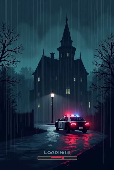 Mansion loading screen on a rainy night with a police car that just arrived for a horror game with no people all pixelated with a game loading bar