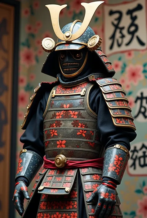 Japanese samurai with beautiful shiny marble armor with white and brown details that has red and blue flowers all over the armor and that he is in a room with graffiti of flowers and Japanese kanji , He will only be seen from the torso up near the viewer a...