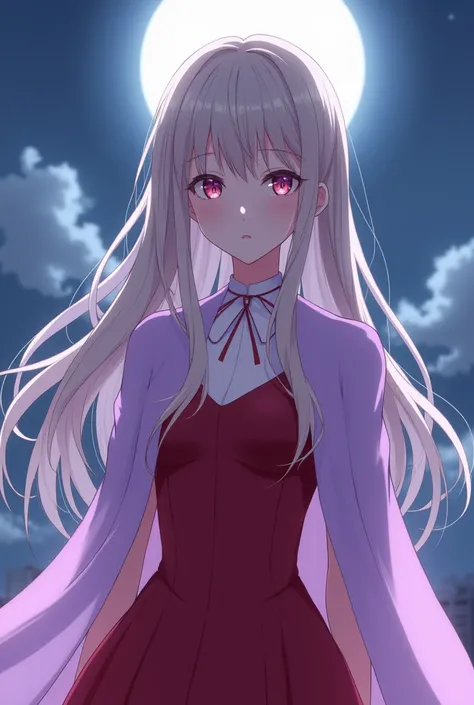 Anime cute girl with long hair in formal  red dress 
 Cover  body neck  in pastel purple under moonlight with Aesthetic and elegance style no boobs pls full cover upper body