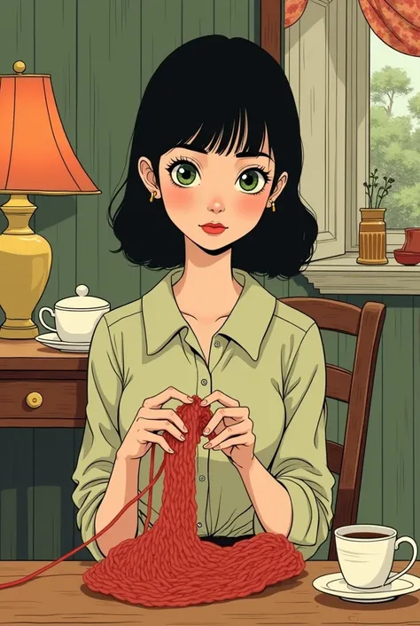 Manga style portrait. Very thin and small young woman. dark hair. green eyes. Sixties clothing. Knitting a hat. In a house with kitsch decoration from the 60s with a table and tea served