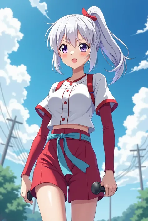 HD、Animation style、white hair 、Purple Eyes、girl、plump breasts 、High school student 、single ponytail、Baseball player、Light color short sleeve top、Long sleeve red underwear、Good shape、Thin、sash、Sky、cloud、sunny、Cycling、Navel exposed