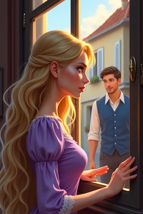 young woman, long blonde hair, Modern Rapunzel, lilac blouse, stuck behind the window, handsome man in blue vest on the other side