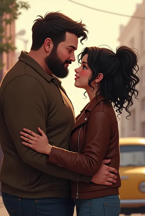 Two people in love, They both measure 1.63 The man is a little pot-bellied but not fat and does not have a beard, This chubby woman is wearing a leather jacket and she is a little chubby, she has curly hair and medium-long black hair, bunched up, loose hai...