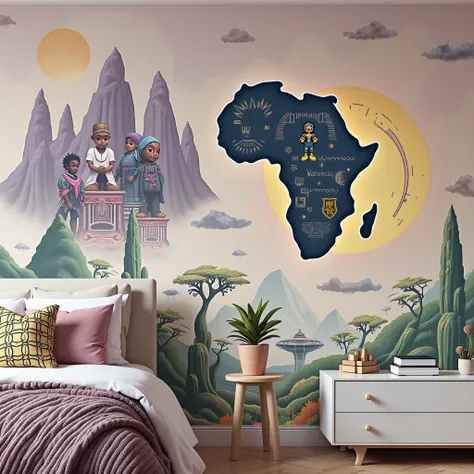 Create wallpaper, for a baby&#39;s room inspired by Wakanda, in culture and technology created by Africans in pastel shades of lilac, blue and green