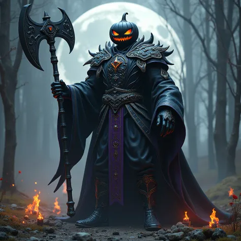 a man a Halloween warrior with a black pumpkin head using a giant overwhelming axe, astral wizard clothes, mage robe based on a toucan, fancy dress, moon themed costume, fantasy style 8k octane render, ornate cosplay, celebration costume, black witch chara...