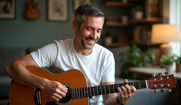 Realistic image of a man in a white t-shirt playing the F major chord on the guitar 