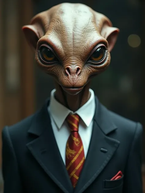 A cinematic Photograph focused on a intricately close-up shot of an alien dressed in a formal suit 
SONY ILCE-9 600.0mm f lens 
  - - V 6