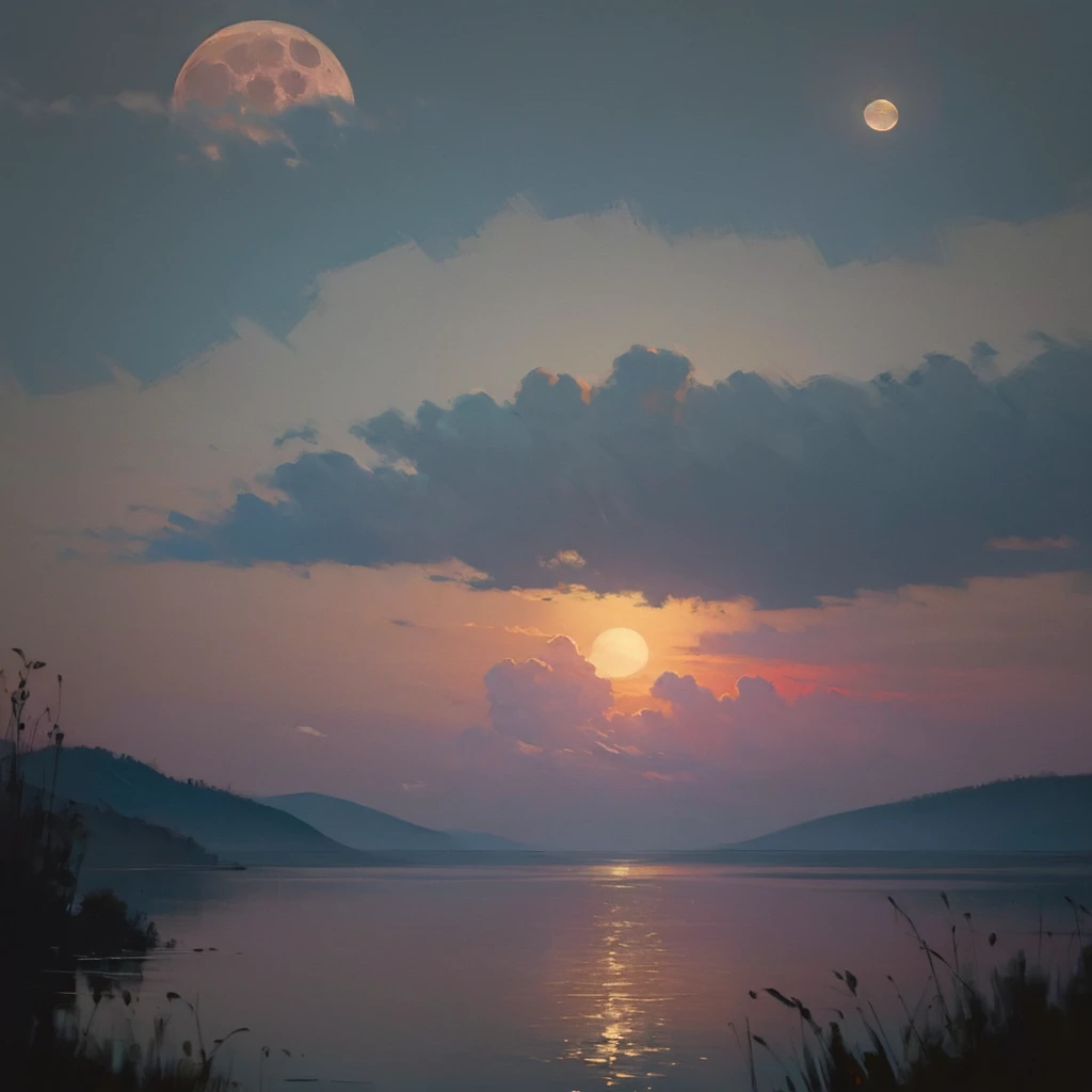 ((Best Quality, 8K, Masterpiece: 1.3)), oil painting still life, illustration of a thick fog blankets the surface of a moonlit lake, with the moon barely visible through the dense mist, creating a haunting, uncertain atmosphere where the horizon is lost in...