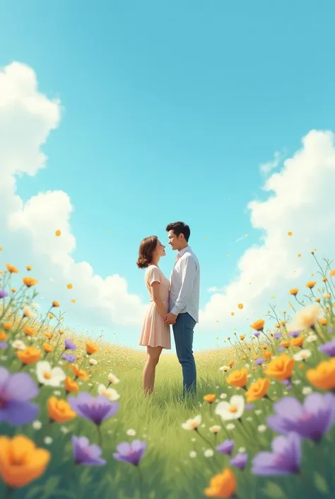 Make a aesthetic and realistic photo of couples standing in the fields of the flower in blue sky with romantic mood photo size will be 1080 ×1080