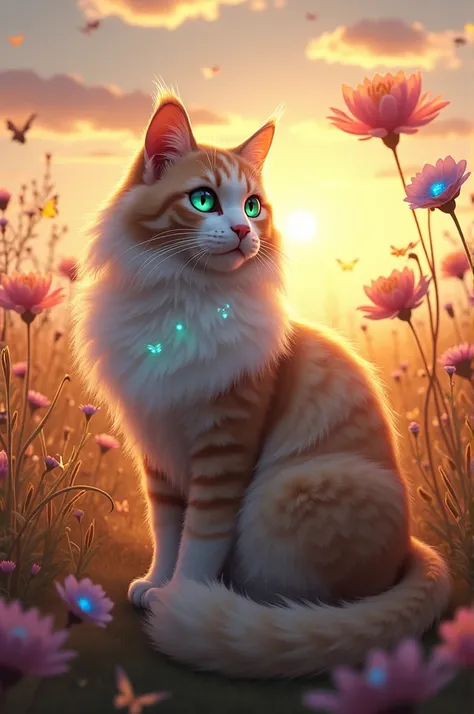 Picture a regal, fully-fluffed cat seated elegantly in a mystical meadow bathed in golden twilight. This cat has the most luxurious, voluminous fur, with each strand catching the fading light as if spun from pure silk. Its coat is a mix of creamy whites, s...